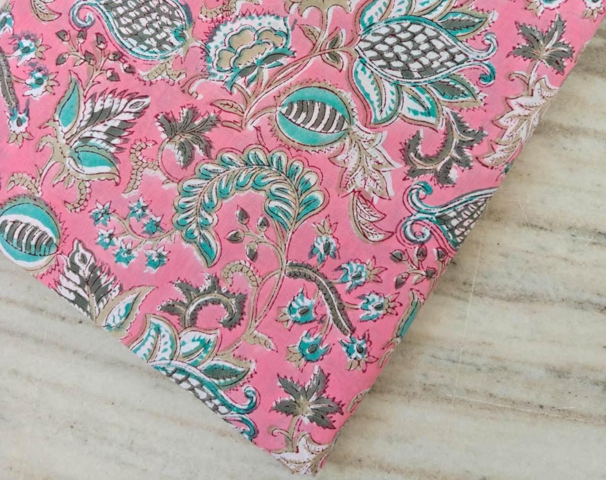 Pink Floral Cotton Fabric, Red Orange Hand Block Print by the Yard, Indian Soft Cotton for Quilting, Dressmaking, Sewing & Crafts, Gifts