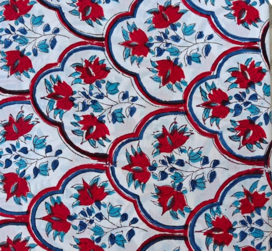 Red Floral Cotton Fabric, Indian Block Print Fabric, White Blue Designer Fabric, Scallop Pattern Boho Fabric, Quilting Craft Fabric by Yard