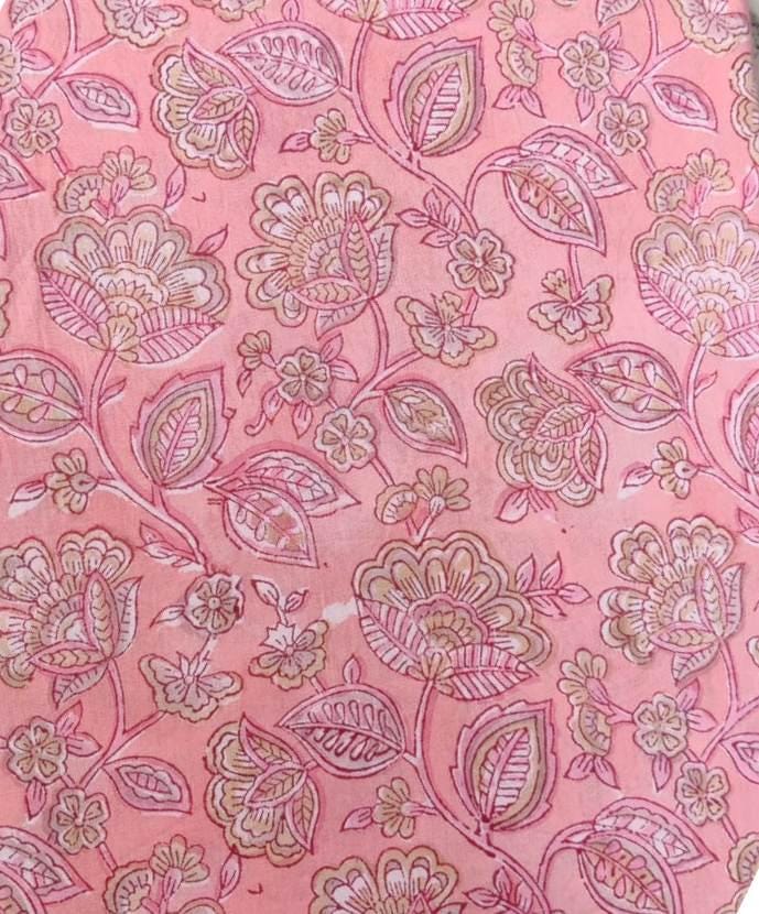 Pink Floral Cotton Fabric, Hand Block Print Material by the Yard, Quilting, Dressmaking & Sewing Fabric, Indian Soft Cotton, Running Fabric