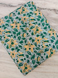 Green Floral Indian Hand Block Print Fabric, Yellow Flower Print 100% Soft Cotton Fabric By The Yard, Loose Running Fabric, Napkin Fabric