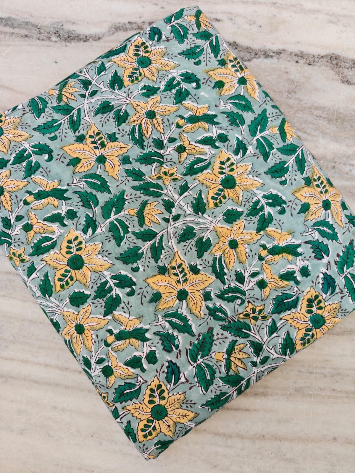 Green Floral Indian Hand Block Print Fabric, Yellow Flower Print 100% Soft Cotton Fabric By The Yard, Loose Running Fabric, Napkin Fabric