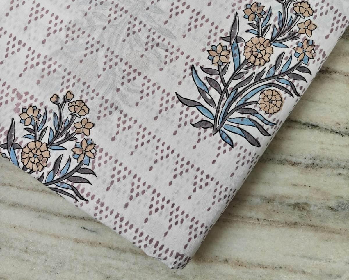 White Floral Cotton Fabric, Hand Block Print Fabric by the Yard, Indian Soft Cotton with Beige Flowers and Blue Leaves Fabric, Dressmaking