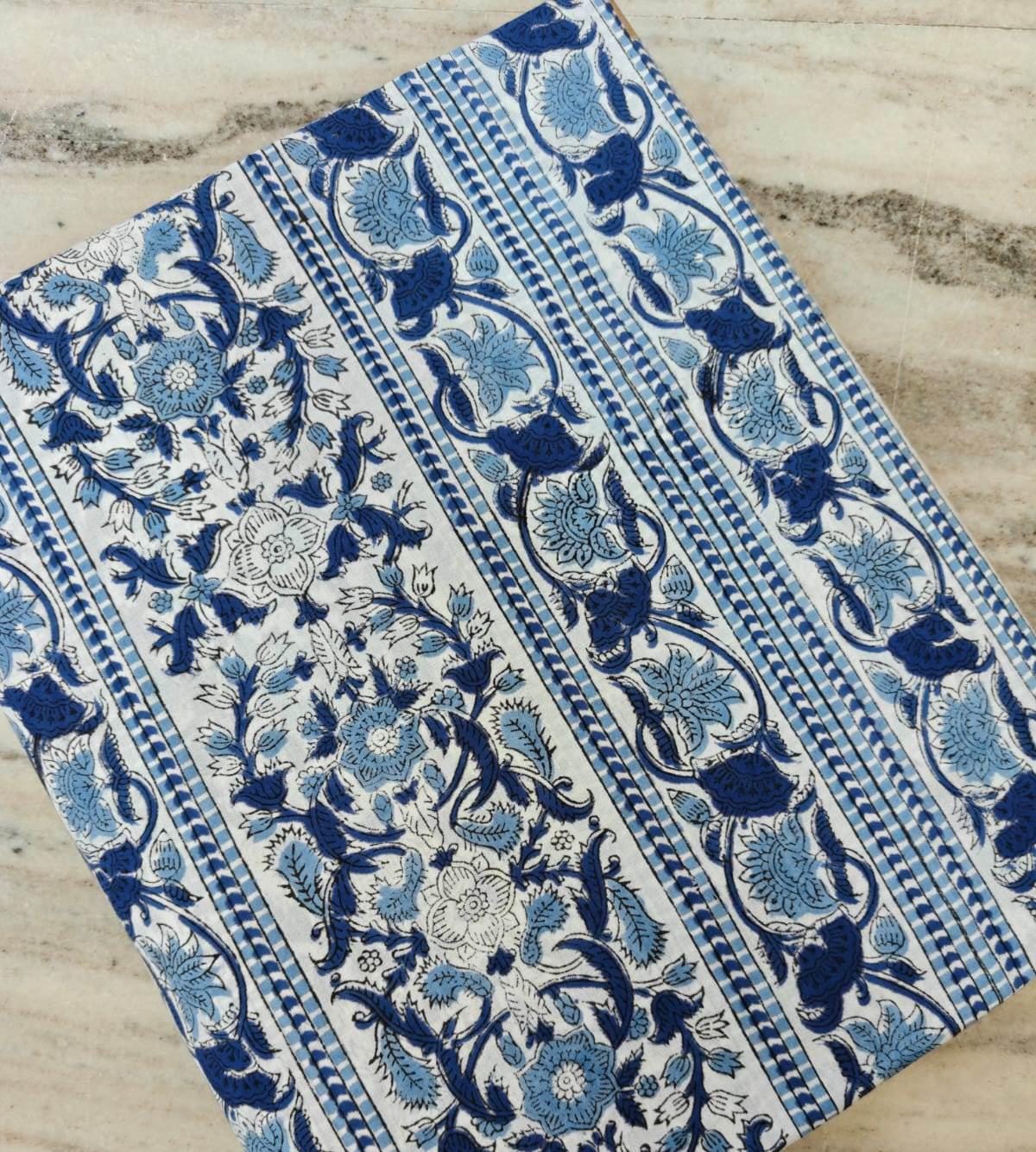 Blue Floral Cotton Fabric, Indian Block Print Fabric, Blue White Floral Fabric, Striped Border Cotton Fabric, Quilting Fabric, Boho Textile