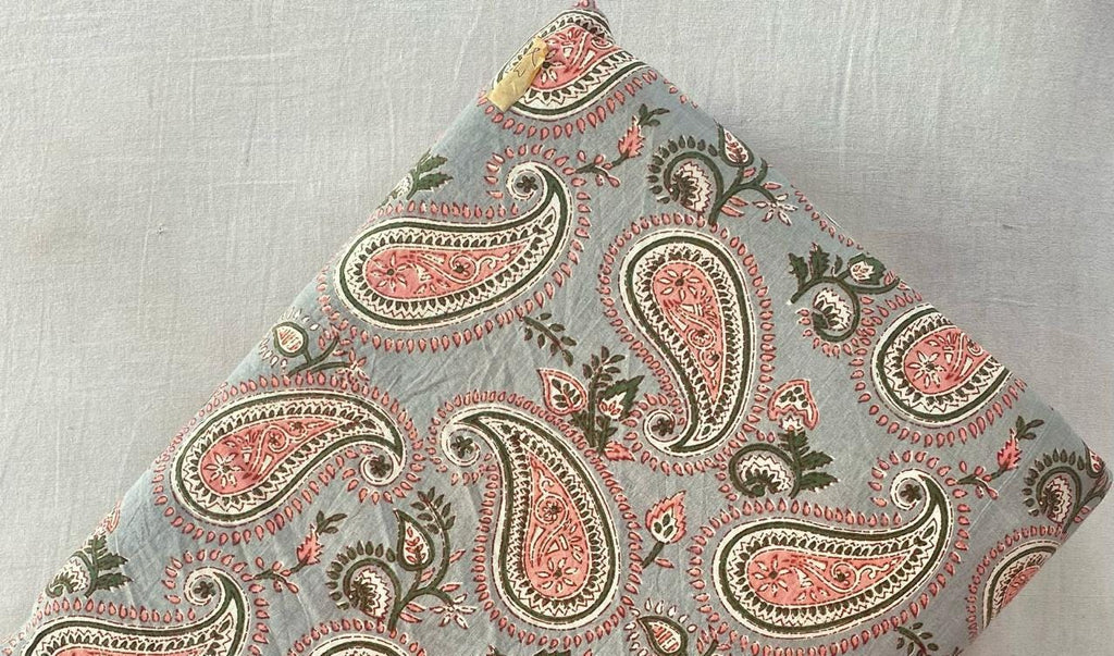 Hand Block Print Cotton Fabric: Green Floral Paisley Quilting Fabric
