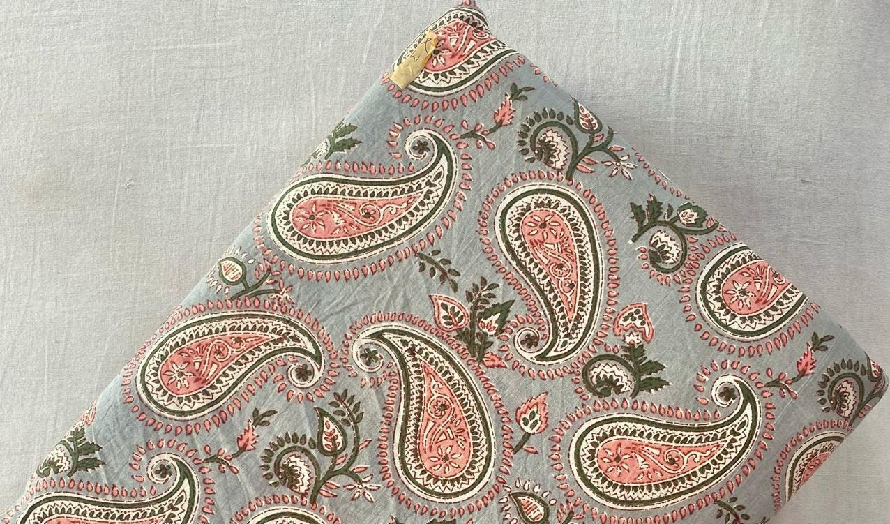 Hand Block Print Cotton Fabric: Green Floral Paisley Quilting Fabric