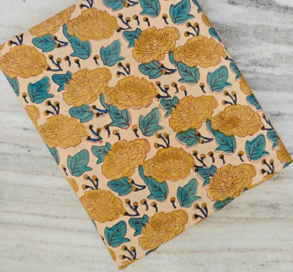 Yellow Floral Cotton Fabric, Hand Block Print Fabric, Indian Cotton Textile, Mustard Flower Fabric, Teal Leaf Botanical Quilting Fabric