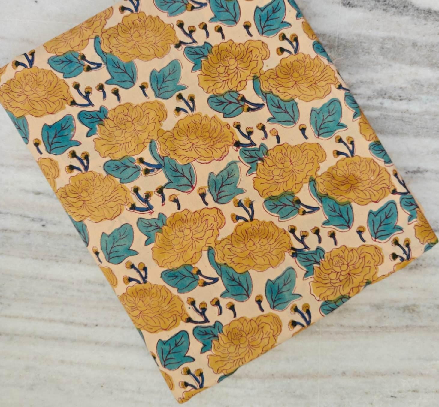 Yellow Floral Cotton Fabric, Hand Block Print Fabric, Indian Cotton Textile, Mustard Flower Fabric, Teal Leaf Botanical Quilting Fabric