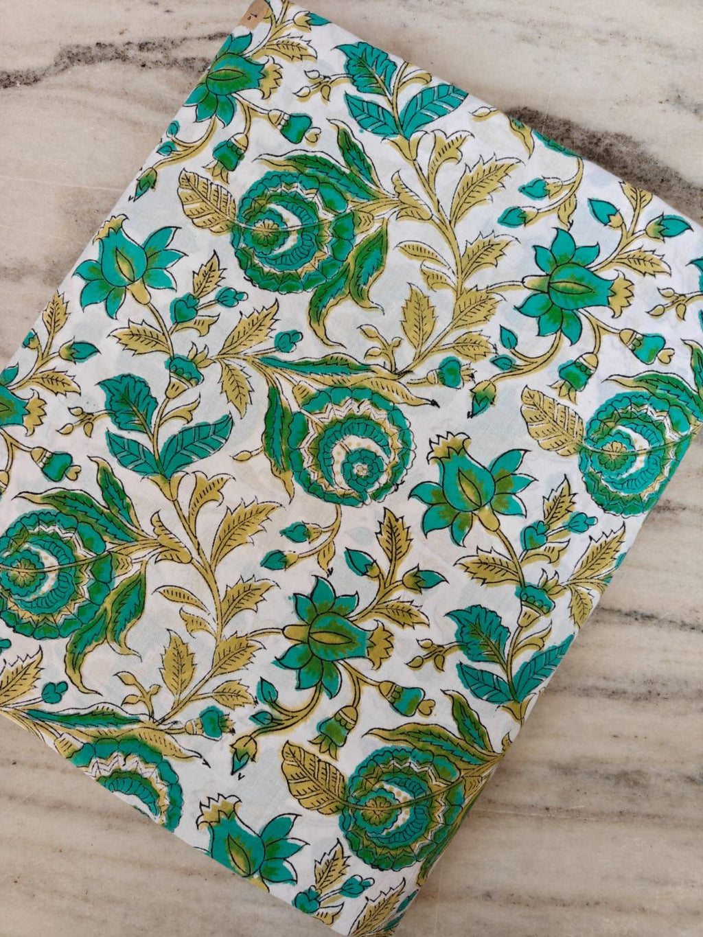 Green Floral Cotton Fabric by the Yard, Indian Block Print Fabric, White Botanical Vine Print, Boho Quilting Dressmaking Craft Fabric