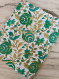 Green Floral Cotton Fabric by the Yard, Indian Block Print Fabric, White Botanical Vine Print, Boho Quilting Dressmaking Craft Fabric