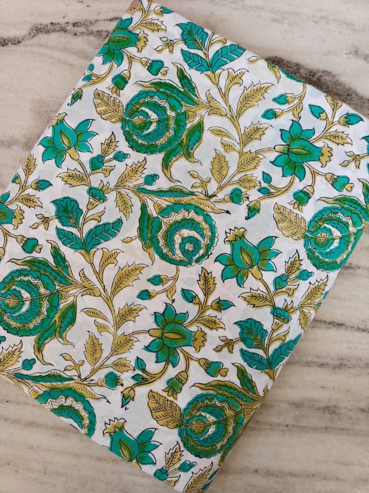 Green Floral Cotton Fabric by the Yard, Indian Block Print Fabric, White Botanical Vine Print, Boho Quilting Dressmaking Craft Fabric