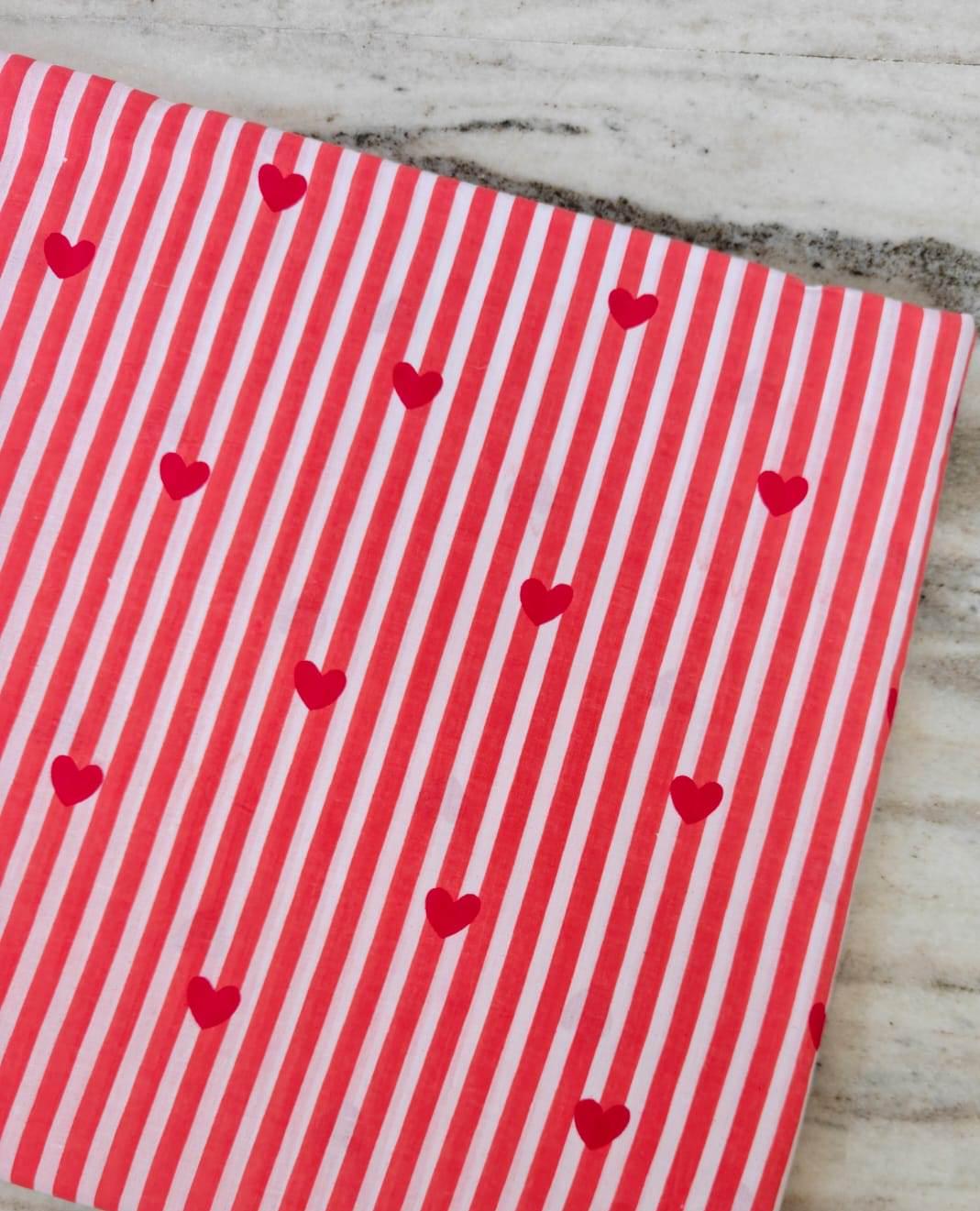 Red Heart Striped Cotton Fabric, Valentine Print Fabric, Red and White Stripe Hearts, Quilting Fabric, Apparel Sewing Craft, Pillow Covers