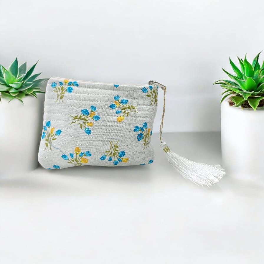 Multi Color Botanical Quilted Zipper Pouch – Small Travel Bag with Tassel | Gift for Her | Handmade Gift | Quilted Pouch With Tassel