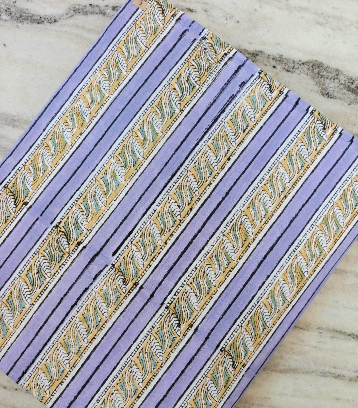 Lavender Striped Cotton Fabric, Hand Block Print Indian Fabric, Yellow Blue Stripe Textile, Soft Cotton Yardage, Dressmaking Craft Fabric