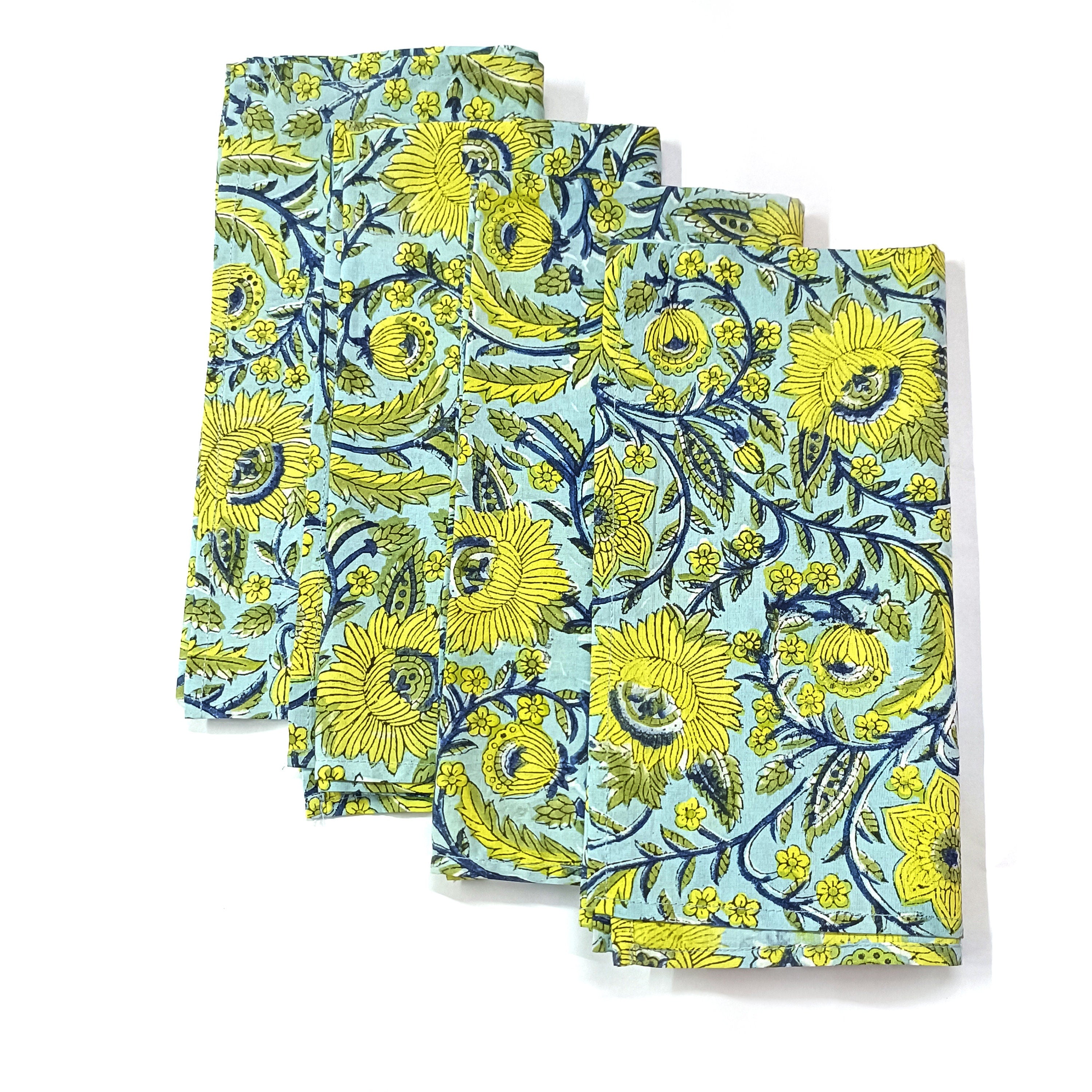 Handmade Organic Cotton Dinner Napkins: Floral Block Print, 20x20 Inches