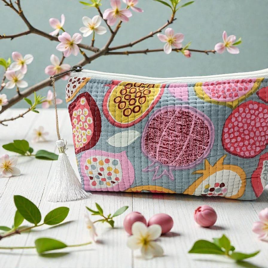 Colorful Floral Kantha Quilt Pouch | White Zipper Cosmetic Bag | Toiletry Pouch | Handmade Quilted Floral Pouch | Zipper Bag with Tassel