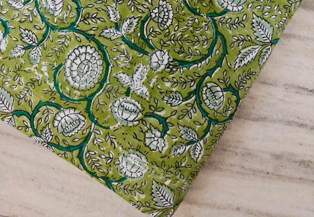 Green Soft Cotton, Indian Hand Block Print Style Cotton, Floral 100% Cotton Fabric By The Yard, Fabric for Loose Running, Vine Flower Fabric