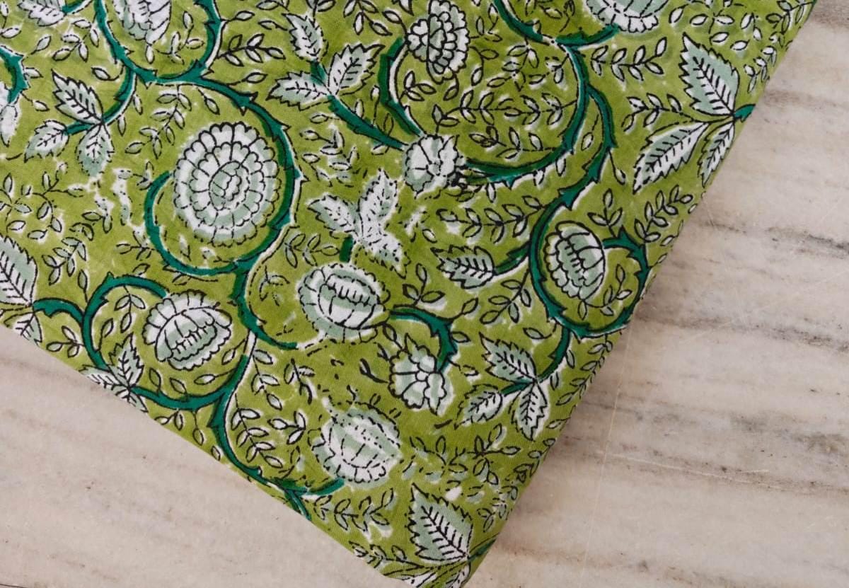 Green Soft Cotton, Indian Hand Block Print Style Cotton, Floral 100% Cotton Fabric By The Yard, Fabric for Loose Running, Vine Flower Fabric