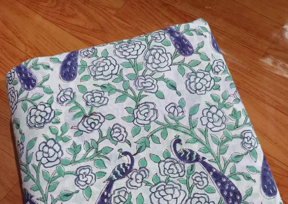 Peacock Designer Hand Block Print Fabric, Floral 100% Cotton Quilting Fabric By The Yard, Fabric For Dress Making, Loose Running Fabric