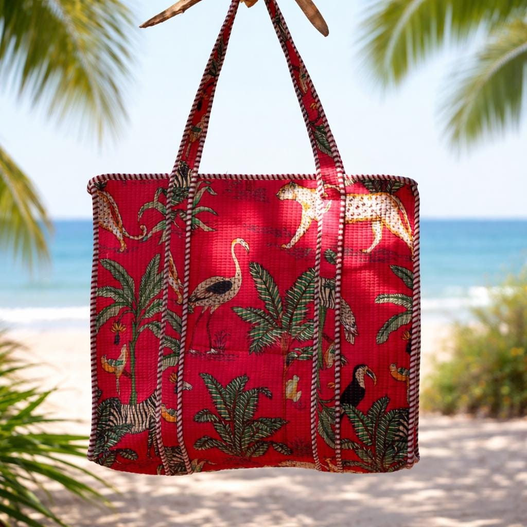 Pink Jungle Print Quilted Tote Bag, Handmade Cotton Block Print Shoulder Bag, Large Fabric Shopper, Reusable Market Bag, Safari Animal Tote