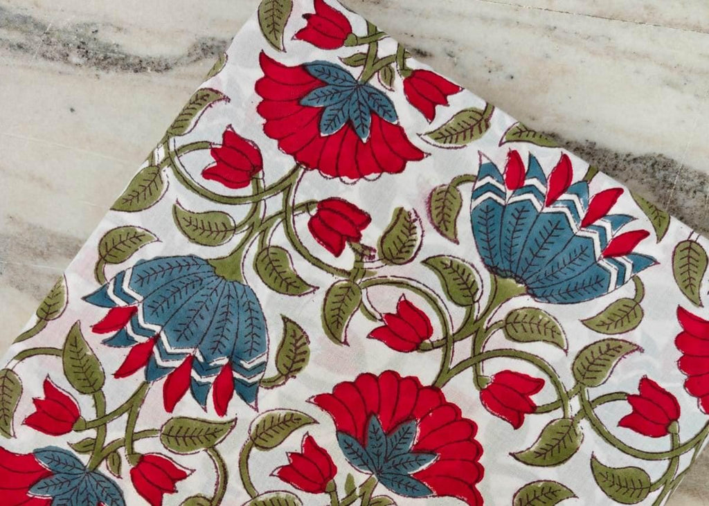 Red Blue Floral Block Print Cotton Fabric, Indian Handprinted Fabric by the Yard, Fabric For Dress Making Loose Running Fabric Napkin Fabric