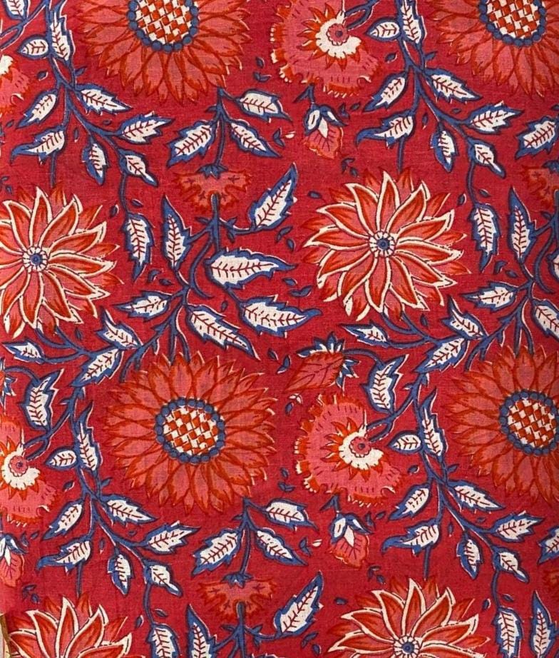 Indian Hand Block Print Fabric, Floral 100% Cotton Quilting Fabric By The Yard, Dressmaking Fabric, Loose Running Fabric, Textile Fabric