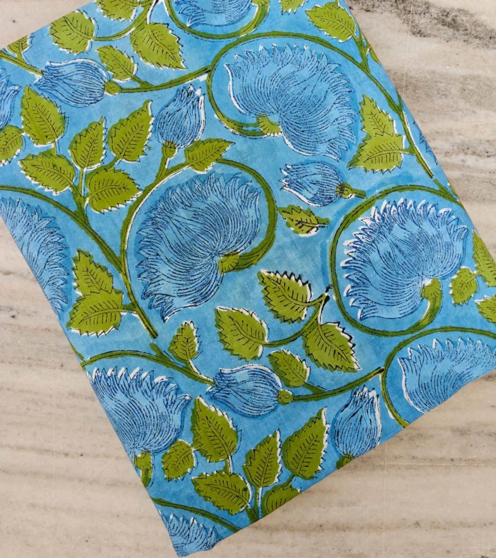 Blue Floral Cotton Fabric by the Yard, Hand Block Print Fabric, Indian Cotton Textile, Botanical Vine Print Quilting Dressmaking Fabric