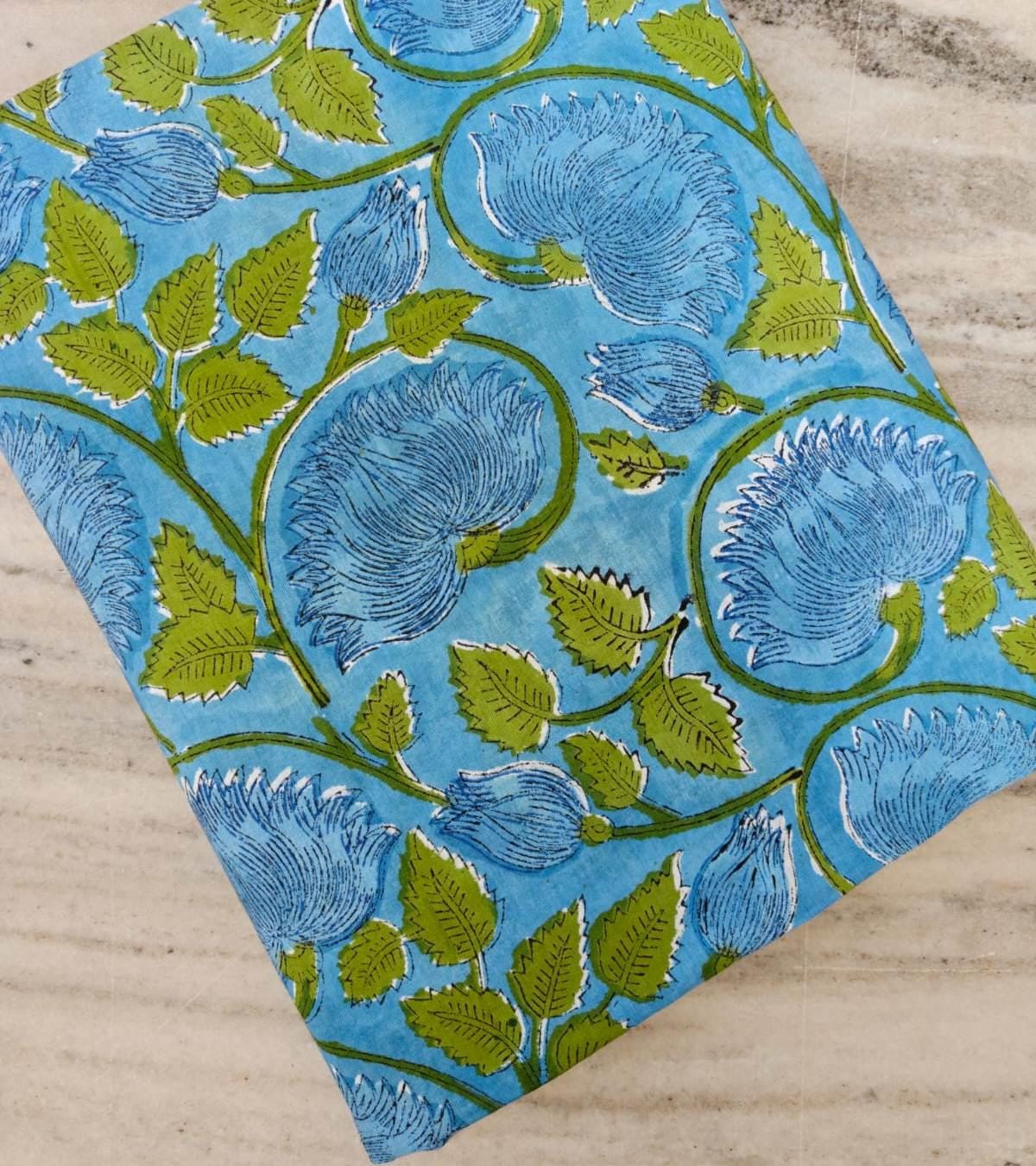 Blue Floral Cotton Fabric by the Yard, Hand Block Print Fabric, Indian Cotton Textile, Botanical Vine Print Quilting Dressmaking Fabric