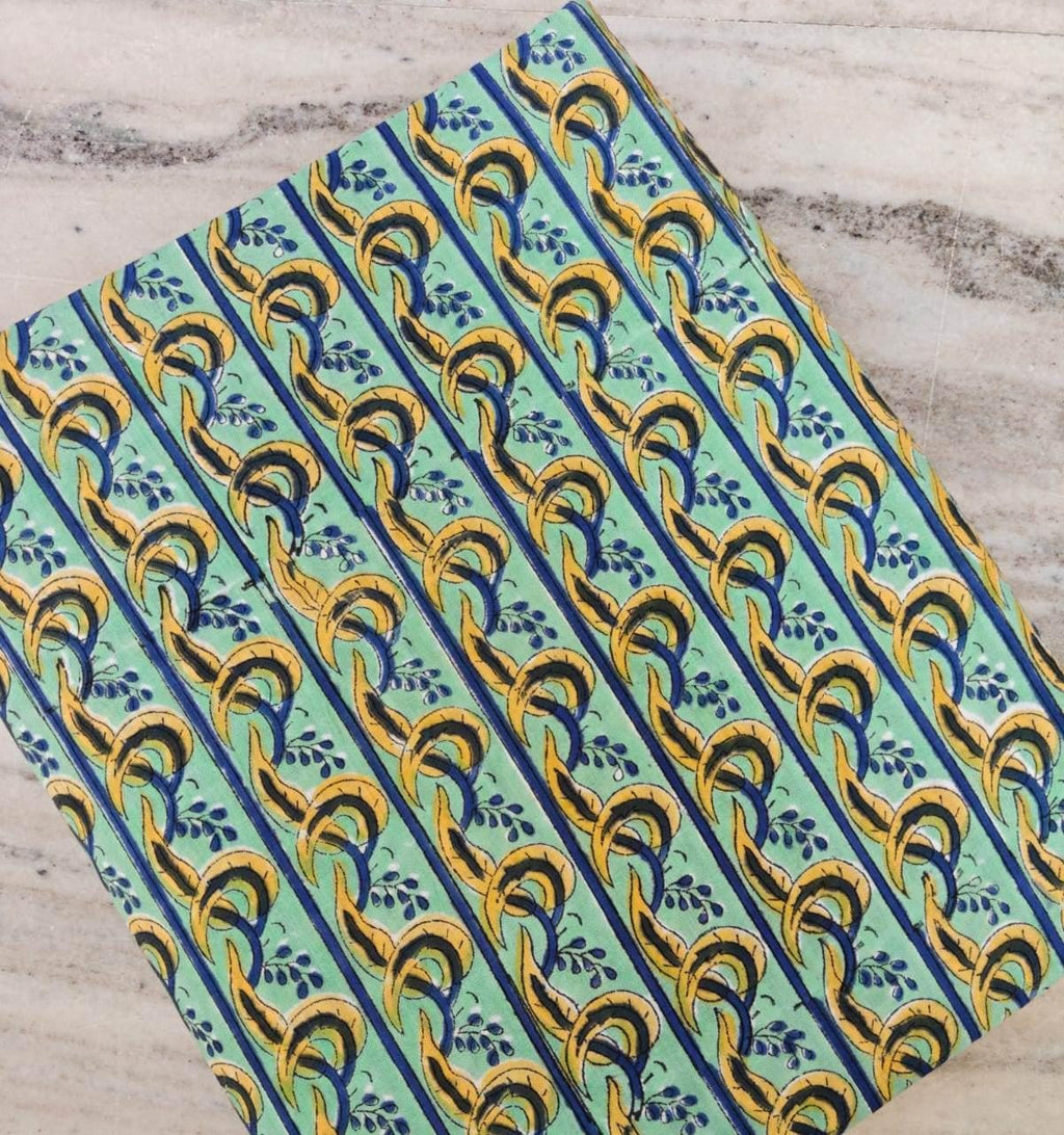 Mint Green & Mustard Block Print Cotton Fabric, Striped Boho Floral, Lightweight Dressmaking Fabric, Loose Running Fabric, Cotton Napkins