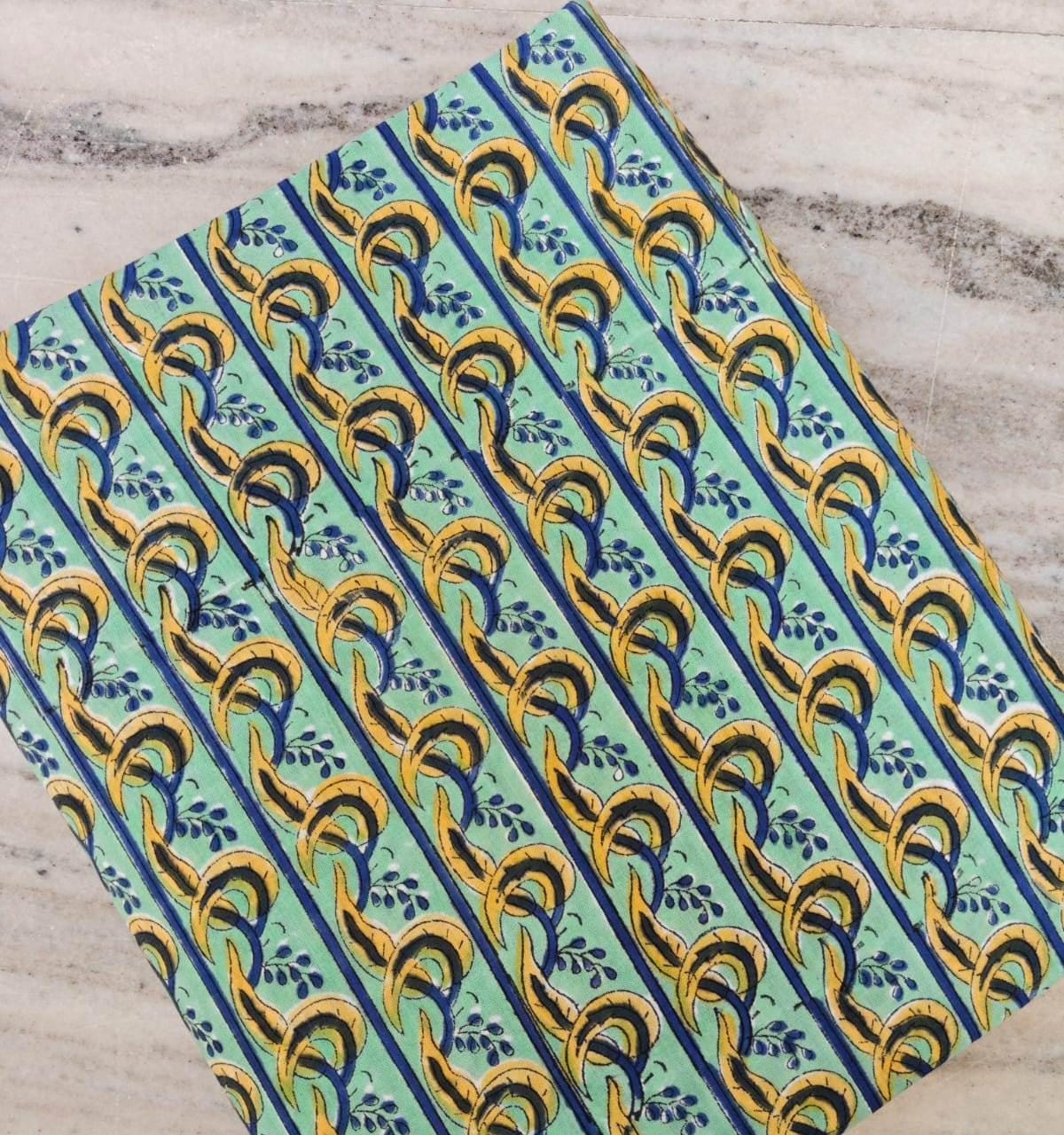 Mint Green & Mustard Block Print Cotton Fabric, Striped Boho Floral, Lightweight Dressmaking Fabric, Loose Running Fabric, Cotton Napkins