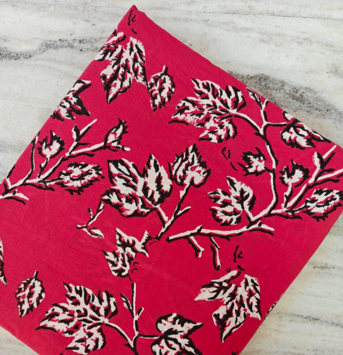 Red Floral Soft Cotton Fabric, Black and White Leaf Print Fabric, Indian Hand Block Print Fabric By The Yard, Fabric for Loose Running