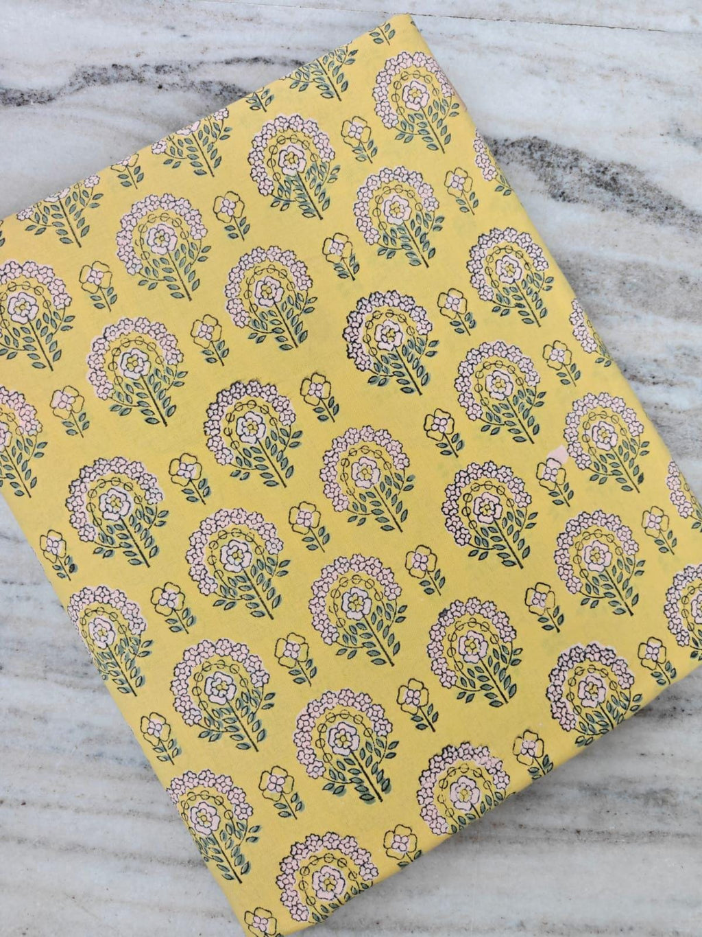 Hand Block Print Cotton Fabric, Yellow Floral Buta Pattern, Soft Lightweight Indian Cotton for Dressmaking, Quilting & Sewing, Napkins