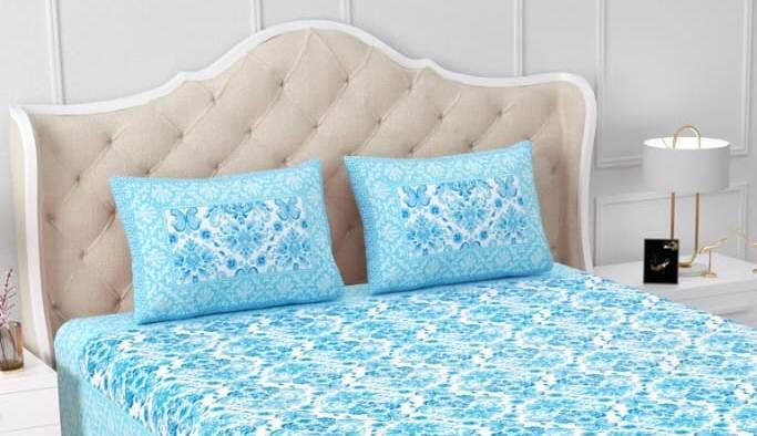 Turquoise Blue Cotton Bedsheet Set, Floral Printed Bedspread with Pillow Covers, Soft Breathable Bedding, Queen Size Sheet, Summer Bed Linen