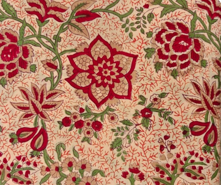 Hand Block Print Cotton Fabric, Red & Green Floral Vine on Beige, Indian Cotton Fabric by the Yard, Soft Lightweight Fabric for Dressmaking