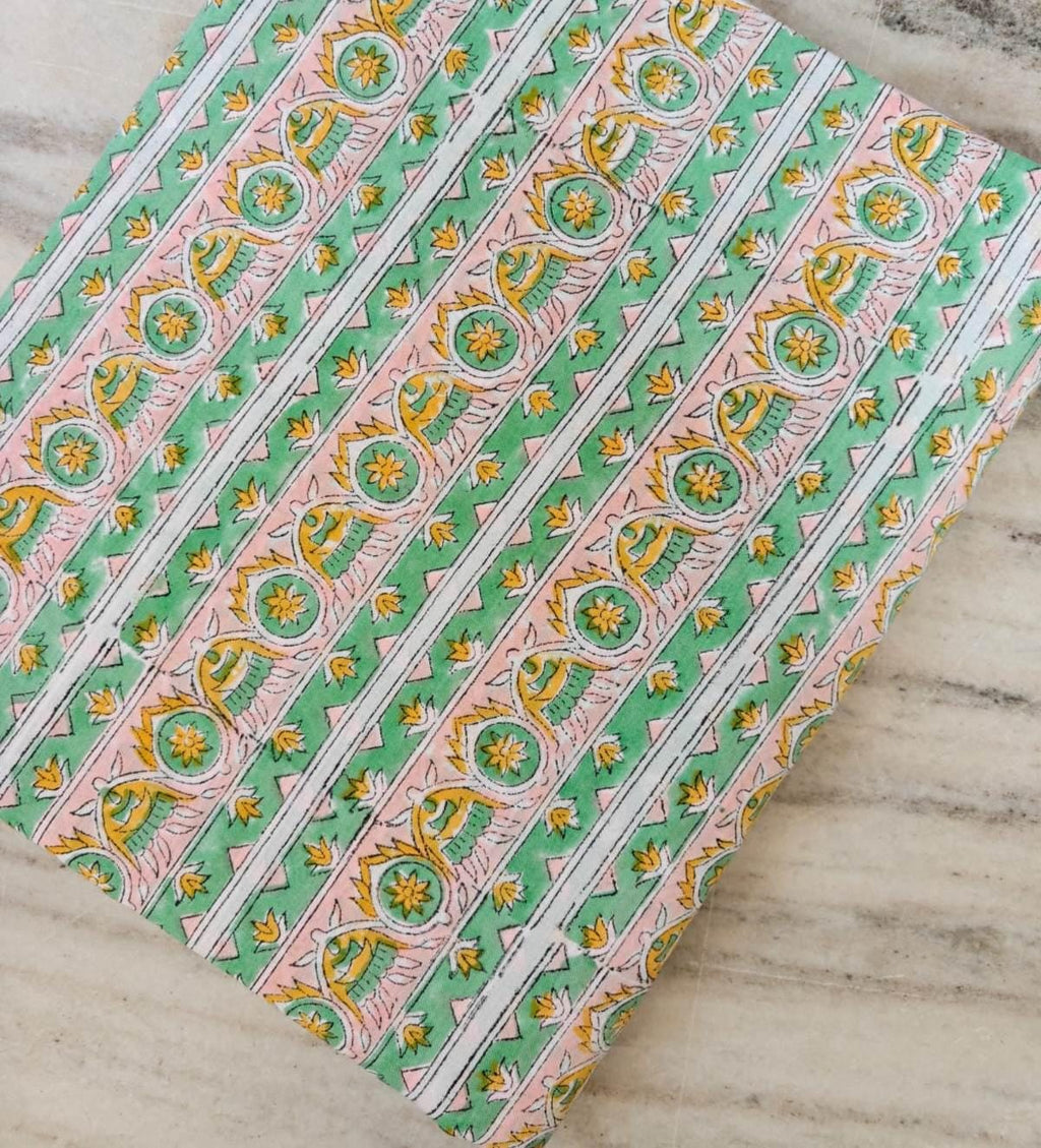 Hand Block Print Cotton Fabric, Green & Pink Floral Stripe Fabric, Indian Handmade Cotton by the Yard, Boho Craft Sewing Fabric, Napkins