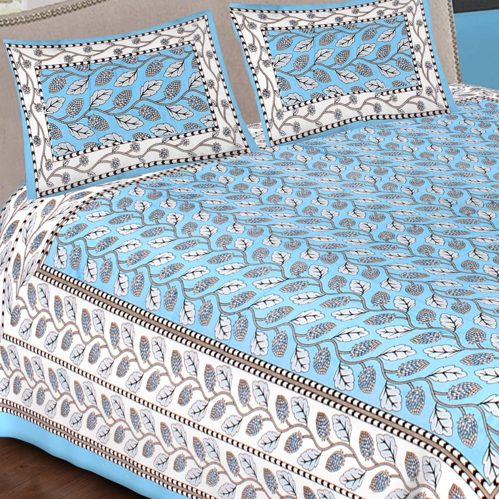 Turquoise Blue Cotton Bedsheet with Pillow Covers, Floral Block Print Bedding Set Soft Breathable Indian Bedspread Aqua Bed Linen Queen Size