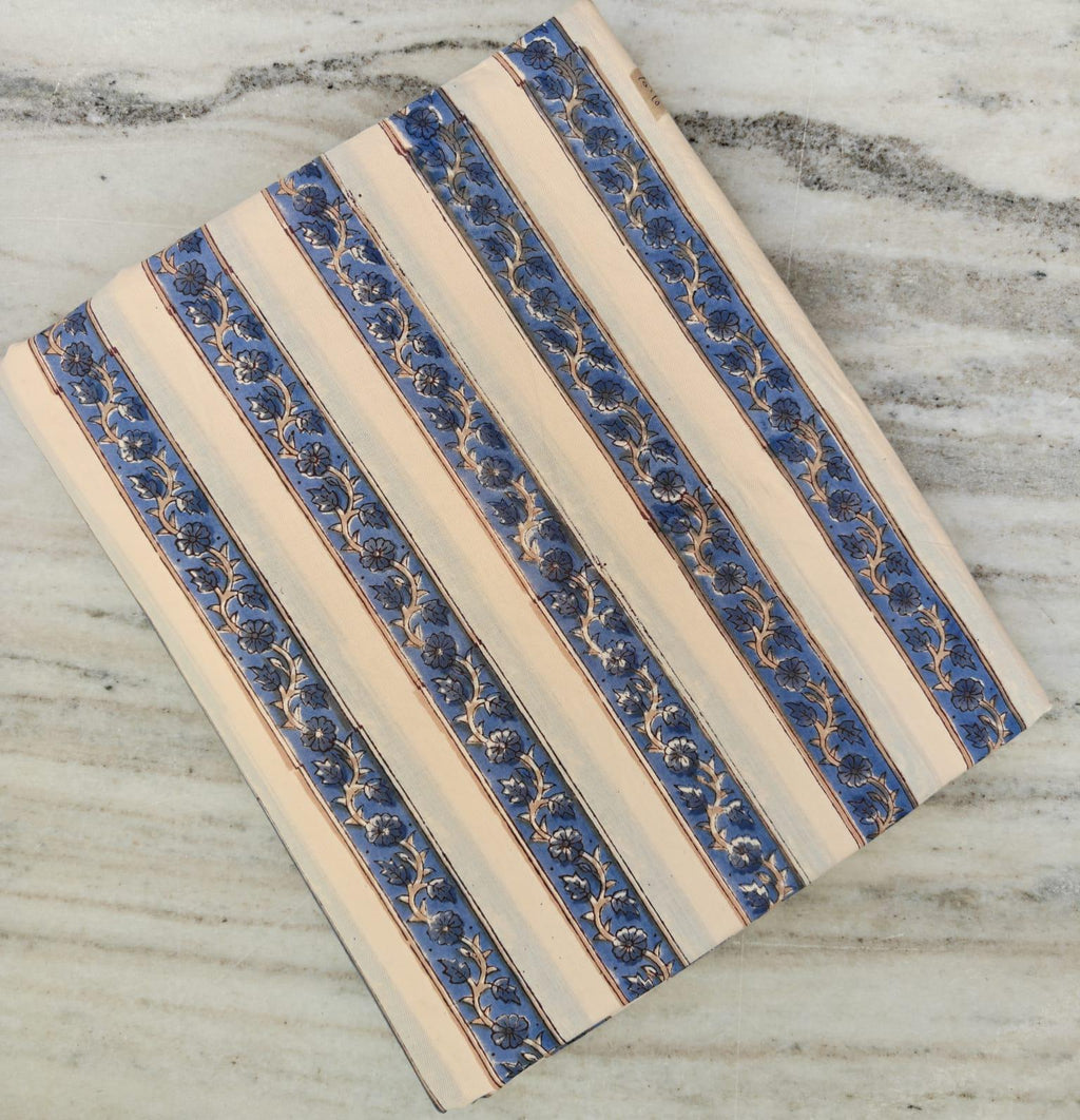 Indigo Blue Floral Stripe Block Print Cotton Fabric | Indian Handmade Cotton Textile | Quilting Craft Dress Fabric by Yard, Curtains Fabric