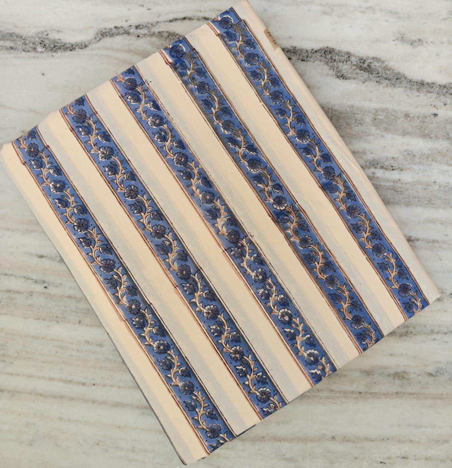 Indigo Blue Floral Stripe Block Print Cotton Fabric | Indian Handmade Cotton Textile | Quilting Craft Dress Fabric by Yard, Curtains Fabric