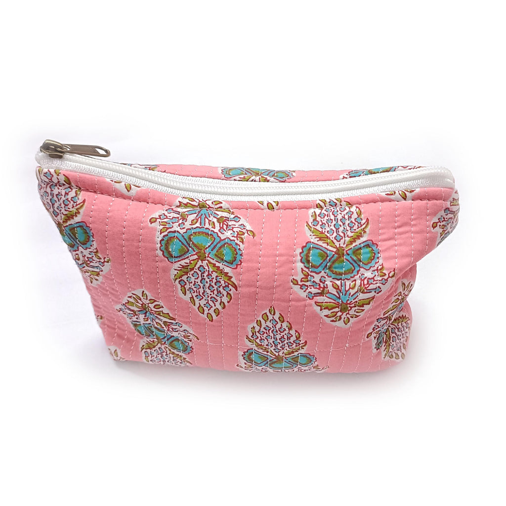Pink Floral Quilted Pouch: Cotton Makeup Cosmetic Bag