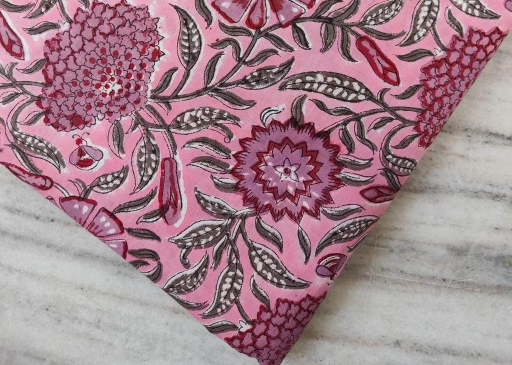 Pink Floral Block Print Cotton Fabric by the Yard, Soft Running Fabric for Sewing, Dress Making, Kurta, Quilting, Handmade Indian Fabric