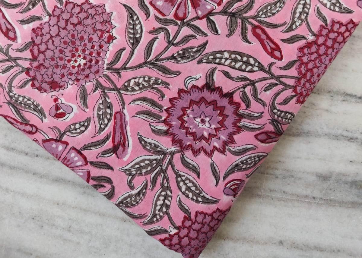 Pink Floral Block Print Cotton Fabric by the Yard, Soft Running Fabric for Sewing, Dress Making, Kurta, Quilting, Handmade Indian Fabric