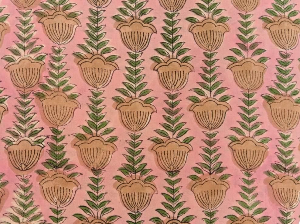 Pink Floral Block Print Cotton Fabric, Hand Block Printed Fabric by Yard, Soft Cotton Textile for Dress,  Craft Fabric Bulk Fabric Available