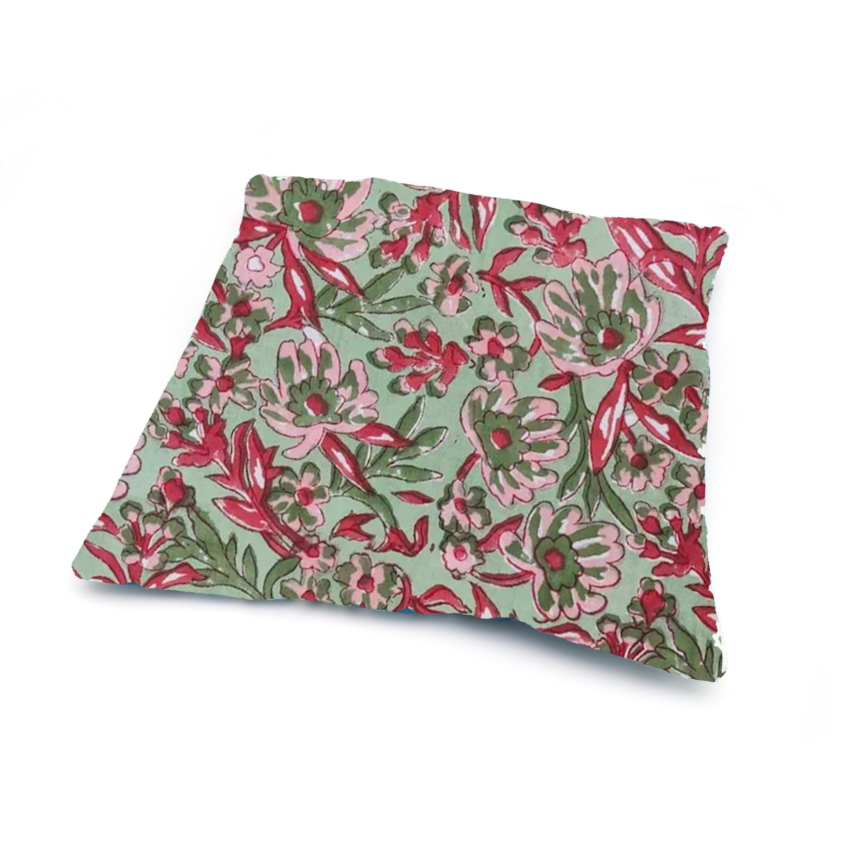Green Floral Cotton Cushion Cover, Red Pink Botanical Pillow Case, Block Print Style Throw Pillow, Cottagecore Farmhouse Home Decor