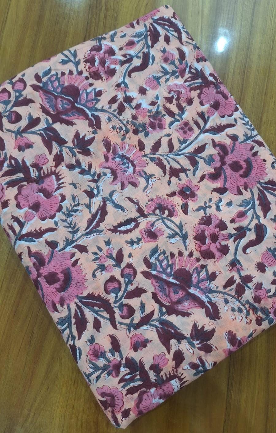 Pink Floral Cotton Fabric, Indian Block Print Fabric, Vintage Flower Cotton Fabric by Yard, Boho Floral Fabric for Quilting Dressmaking