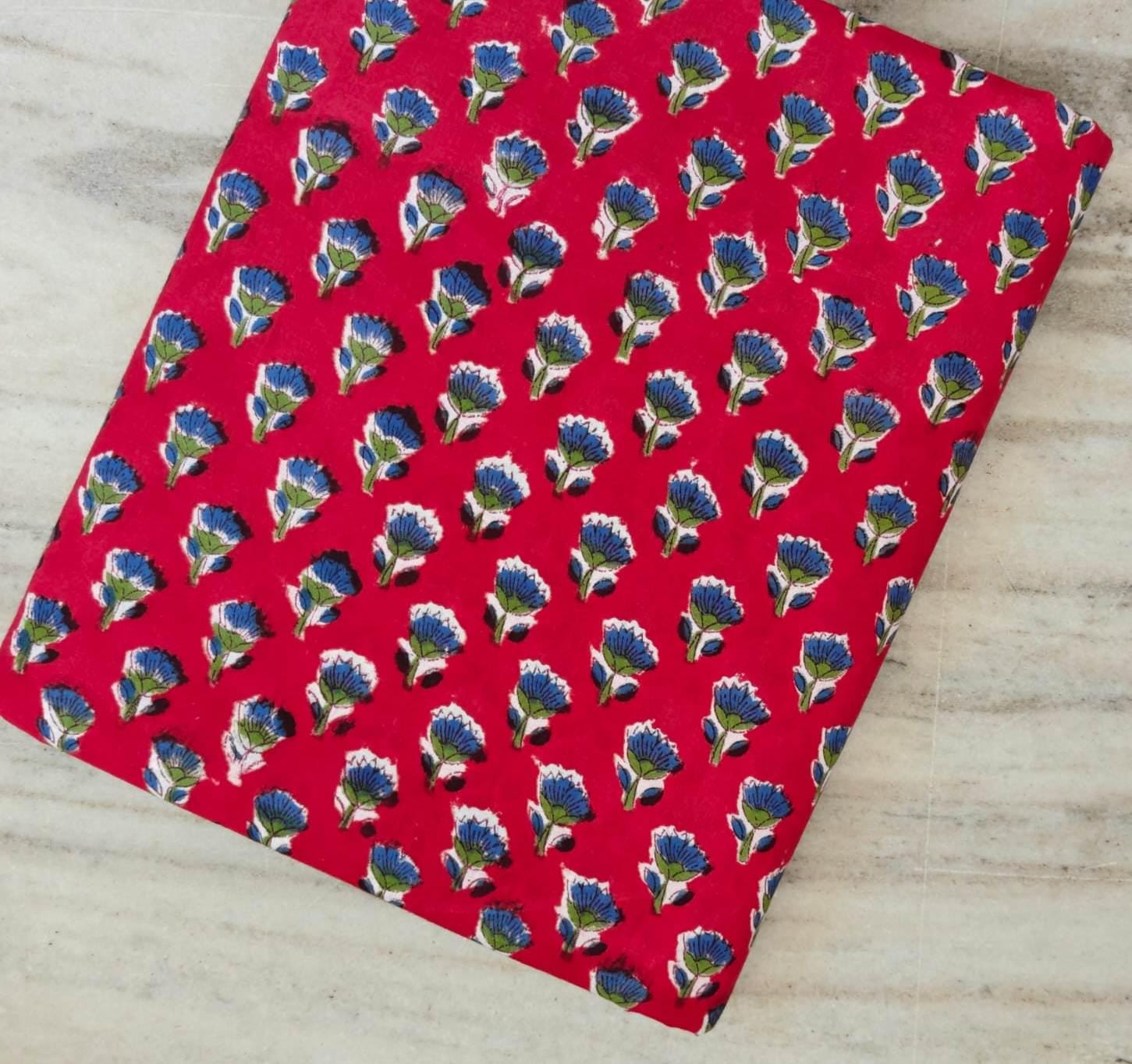 Red Floral Cotton Fabric, Indian Block Print Cotton Fabric, Blue Buti Flower Fabric, Hand Block Print Fabric by the Yard Dress Making Fabric