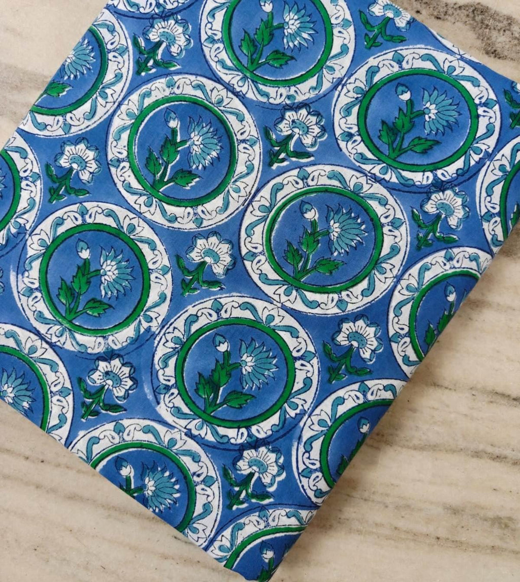 Hand Block Printed Cotton Fabric in Blue & Green Floral Design, Indian Cotton Fabric for Quilting, Dressmaking, Home Decor, Bohemian Textile