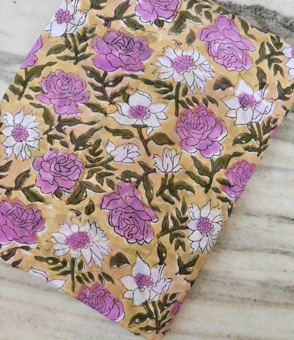 New Arrival Floral Cotton Fabric, Yellow Pink Flower Print Fabric, Indian Hand Block Print Cotton, Soft Dressmaking Fabric, Quilting Fabric