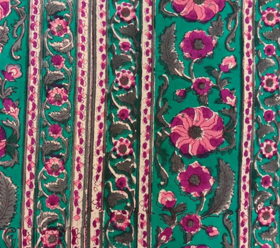 Green Floral Block Print Cotton Fabric, Pink Flower Indian Fabric, Hand Block Printed Stripe Textile, Boho Sewing Craft Dressmaking Fabric