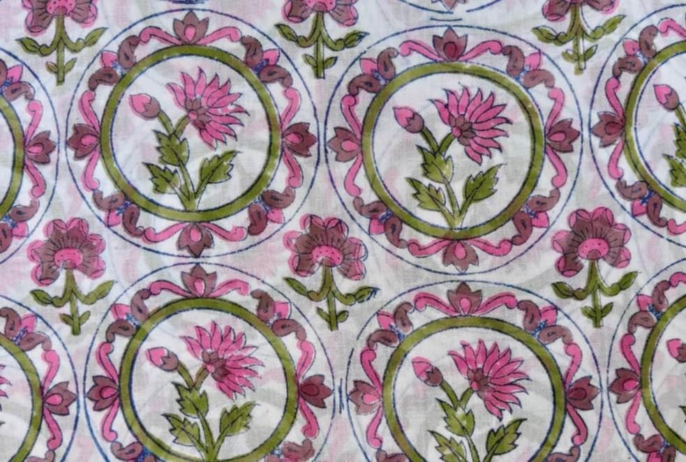 Pink Floral Cotton Fabric, Indian Hand Block Print Fabric, White Cotton Boho Fabric, Floral Circle Print Fabric, Dressmaking Craft Fabric