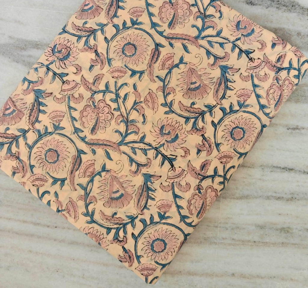 Hand Block Print Cotton Fabric, Peach Background with Blue Vines Floral Fabric, Dress Making Fabric by the Yard, Quilting & Apparel Fabric