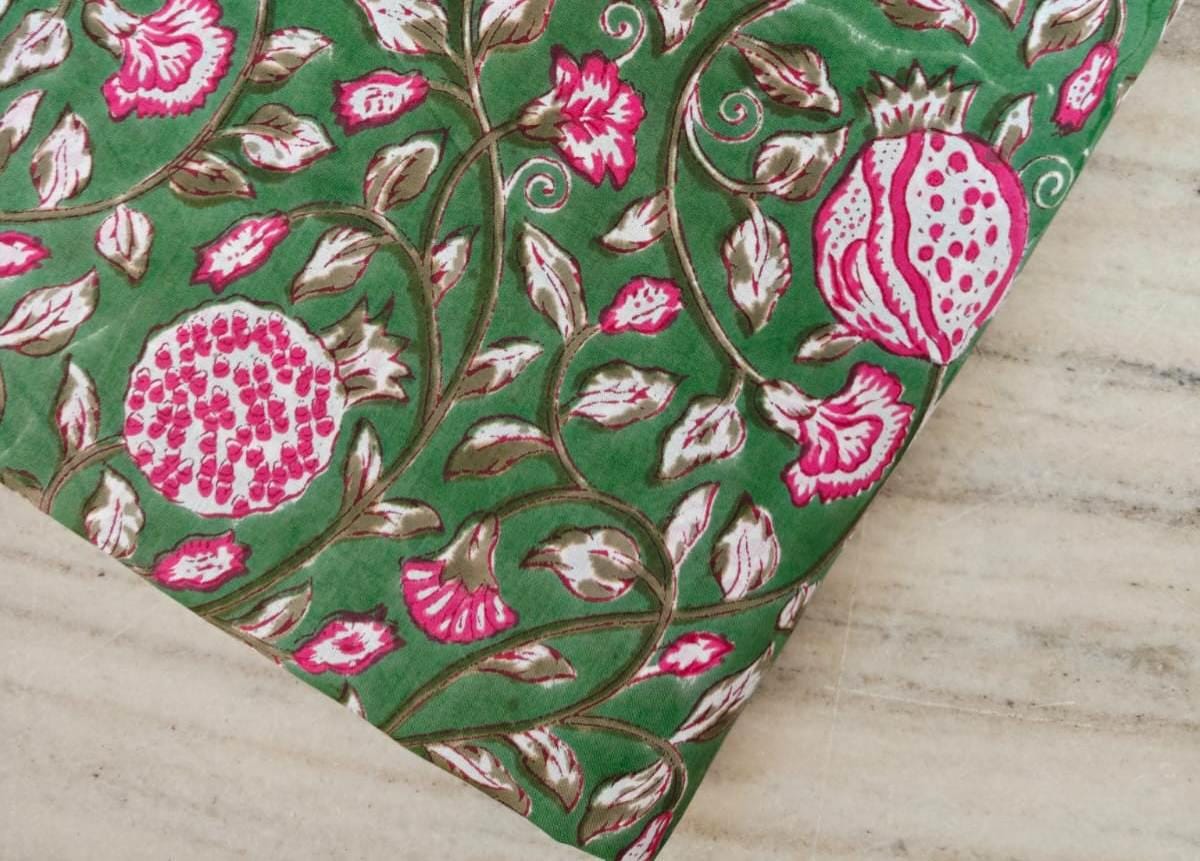 Green Soft Cotton, Indian Hand Block Print Fabric, Floral 100% Cotton Fabric By The Yard, Fabric for Loose Running, Textile Loose Fabric